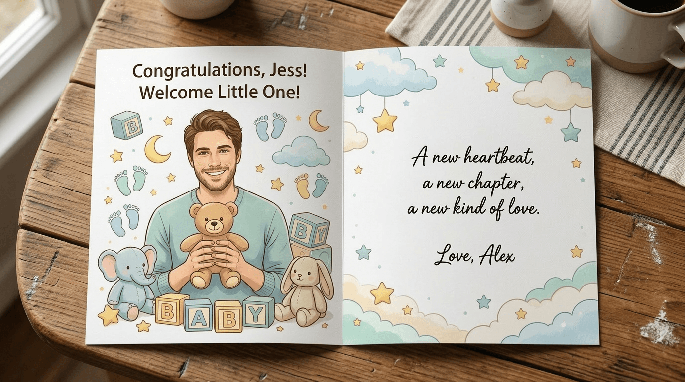A printed AI-generated greeting card lying open on a table